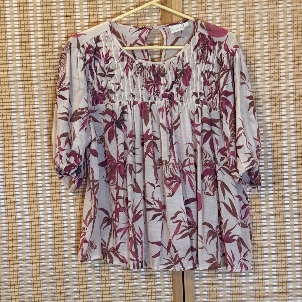 Zac & Rachel Womens Large Tiger Bamboo Print Smocked Blouse Burgundy Cream L